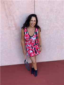 Adeline Arjad wearing her Court to Cocktails red and black tennis dress designed for curvy bodies — Love Love Tennis Beverly Hills