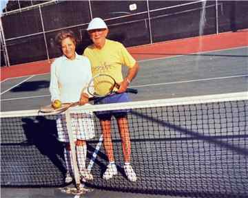 Grandma Mahin Arjad taking a tennis lesson in Beverly Hills, California — family tennis legacy