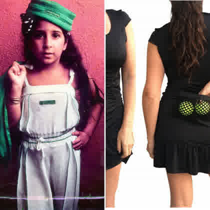 Beverly Hills fashion legacy — young Adeline modeling at mother's ADELINE children's store on Canon Drive (left) and The Monroe tennis dress by Love Love Tennis (right)